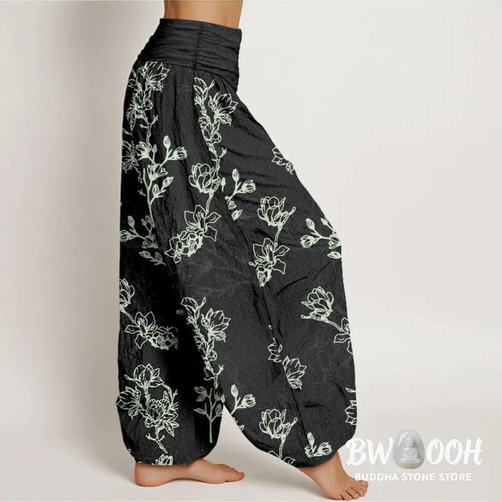 Buddha Stones Cotton Simple Flower Bud Pattern Women’s Elastic Waist Harem Pants - Women’s Harem Pants