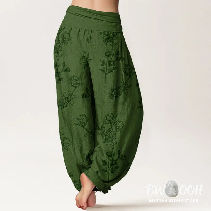 Buddha Stones Cotton Simple Flower Bud Pattern Women’s Elastic Waist Harem Pants - Women’s Harem Pants