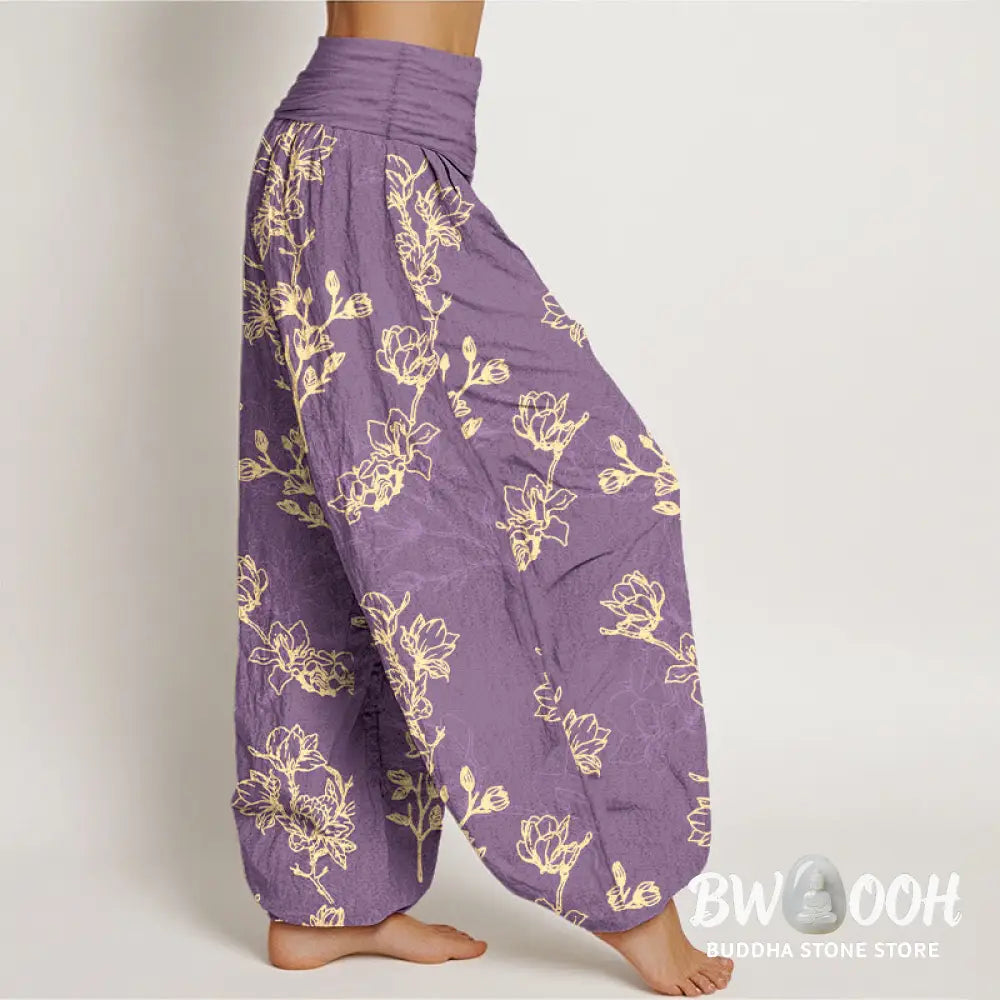 Buddha Stones Cotton Simple Flower Bud Pattern Women’s Elastic Waist Harem Pants - Women’s Harem Pants