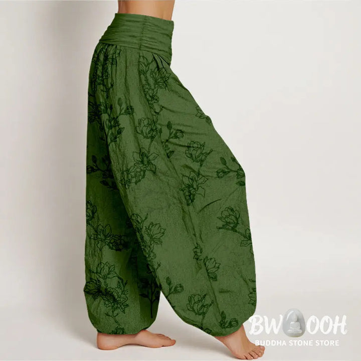 Buddha Stones Cotton Simple Flower Bud Pattern Women’s Elastic Waist Harem Pants - Women’s Harem Pants