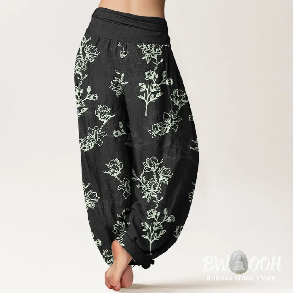 Buddha Stones Cotton Simple Flower Bud Pattern Women’s Elastic Waist Harem Pants - Women’s Harem Pants