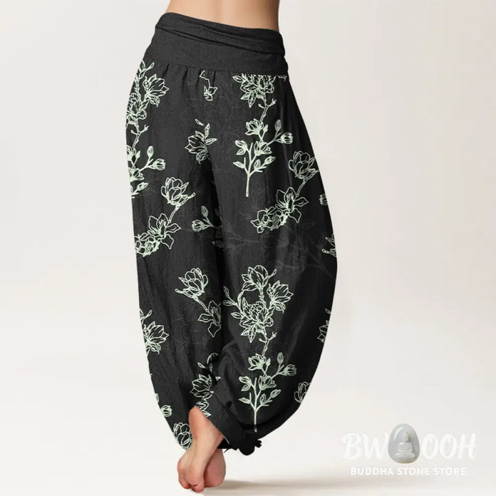Buddha Stones Cotton Simple Flower Bud Pattern Women’s Elastic Waist Harem Pants - Women’s Harem Pants