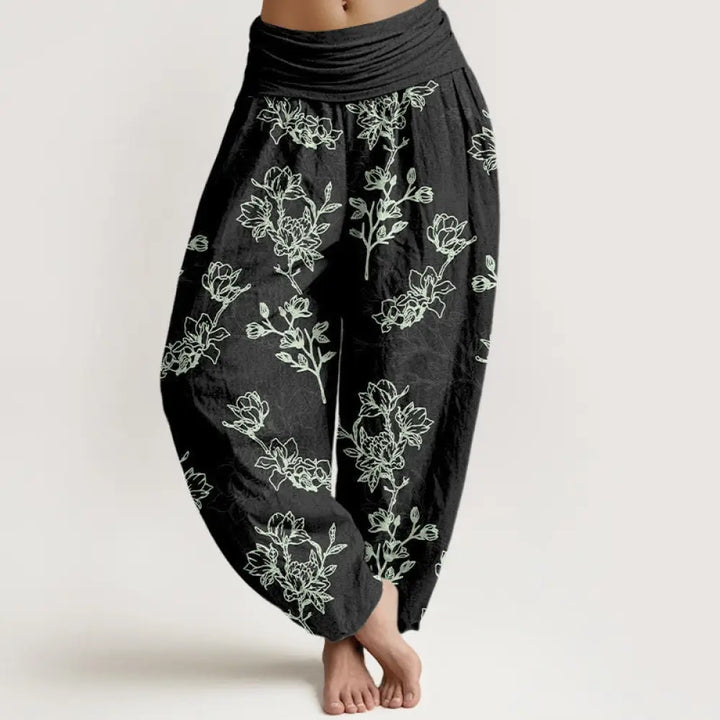 Buddha Stones Cotton Simple Flower Bud Pattern Women’s Elastic Waist Harem Pants - Black / US2，UK/AU6，EU34 (XS)