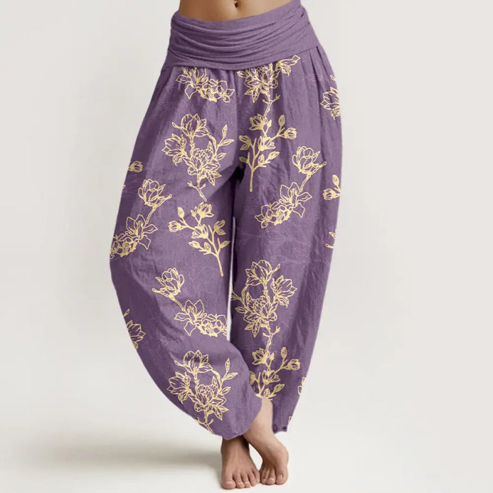 Buddha Stones Cotton Simple Flower Bud Pattern Women’s Elastic Waist Harem Pants - MediumPurple / US2，UK/AU6，EU34 (XS)