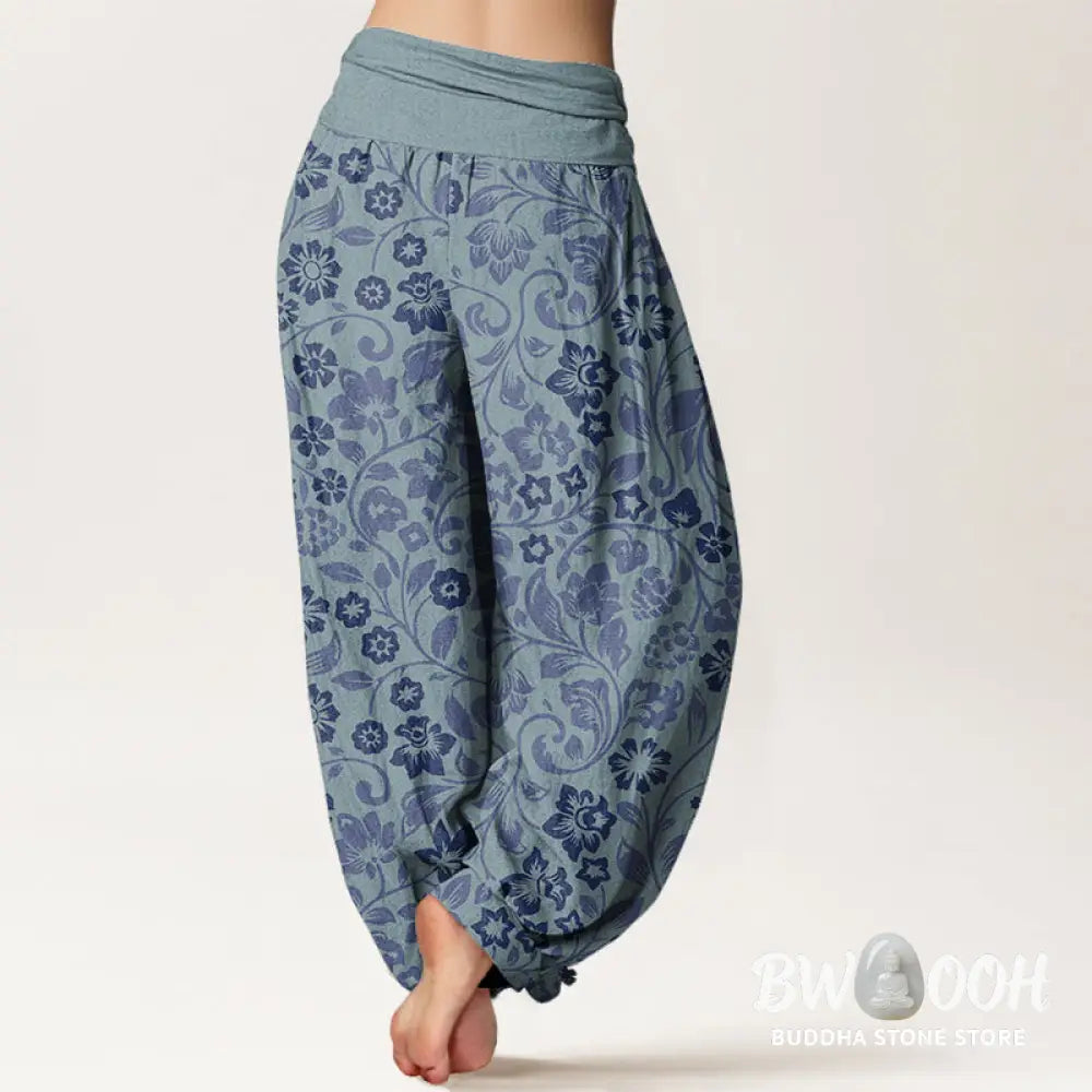 Buddha Stones Cotton Small Flowers Intertwining Branches Women’s Elastic Waist Harem Pants - Women’s Harem Pants