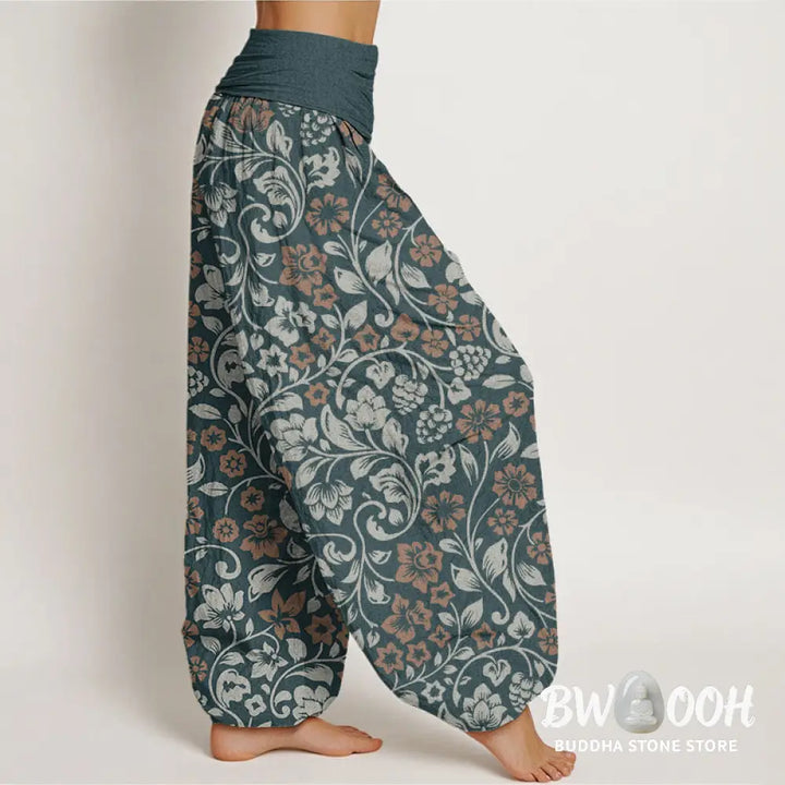 Buddha Stones Cotton Small Flowers Intertwining Branches Women’s Elastic Waist Harem Pants - Women’s Harem Pants