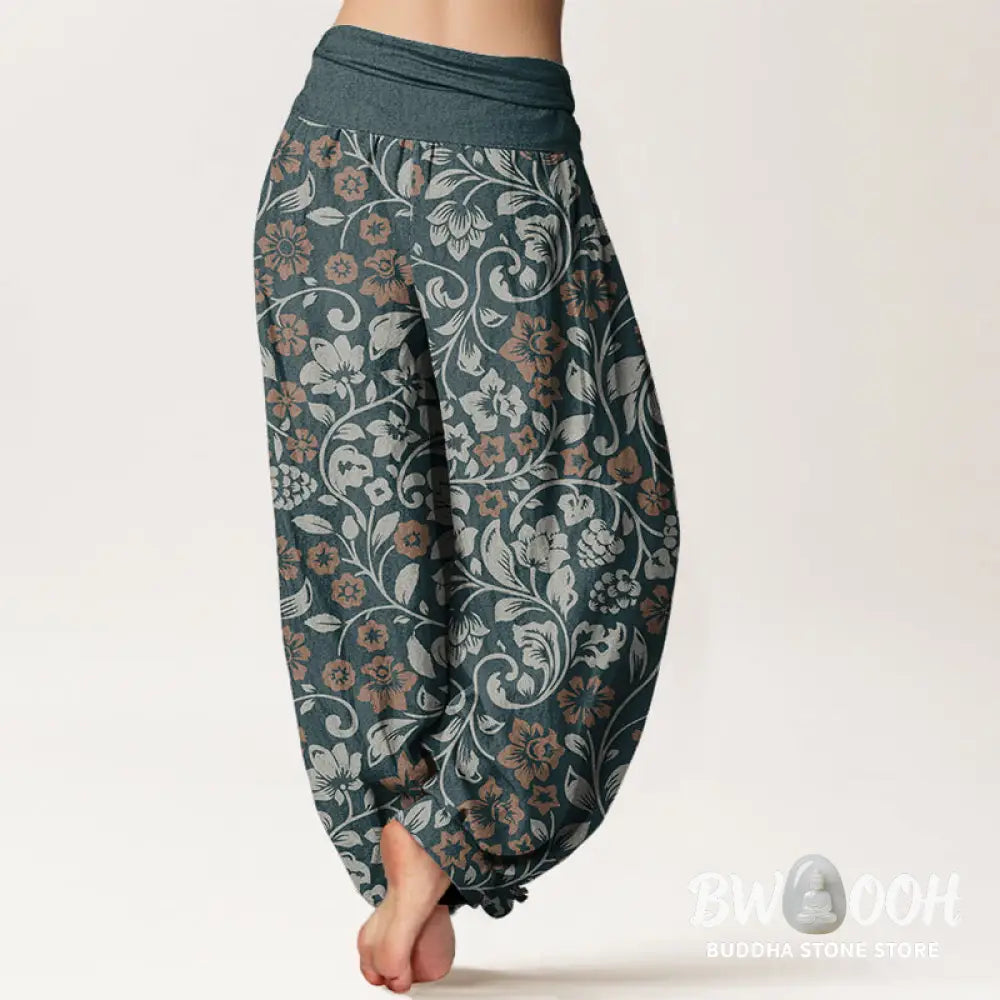 Buddha Stones Cotton Small Flowers Intertwining Branches Women’s Elastic Waist Harem Pants - Women’s Harem Pants