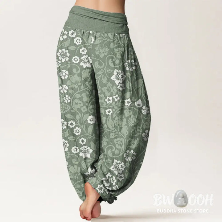 Buddha Stones Cotton Small Flowers Intertwining Branches Women’s Elastic Waist Harem Pants - Women’s Harem Pants