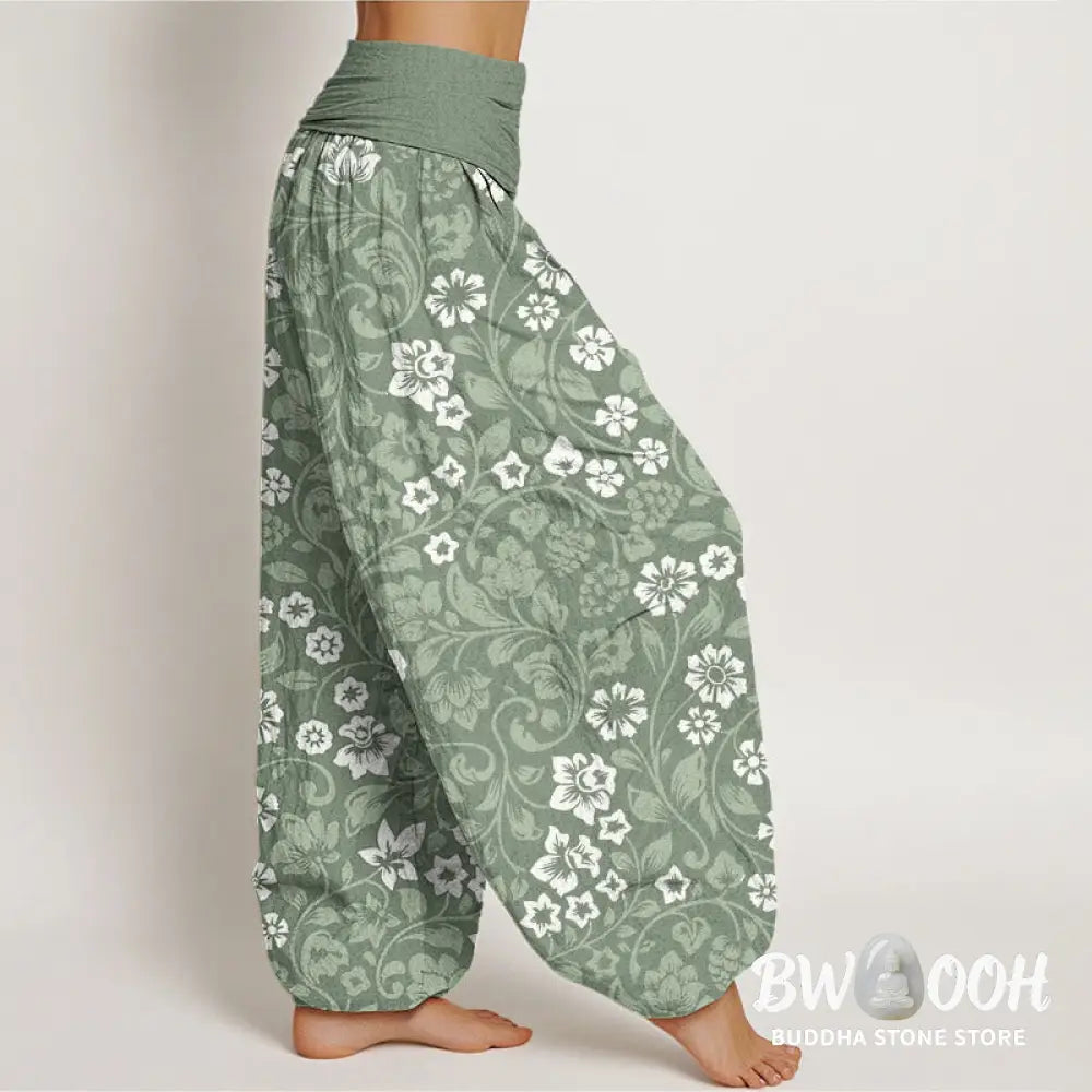 Buddha Stones Cotton Small Flowers Intertwining Branches Women’s Elastic Waist Harem Pants - Women’s Harem Pants