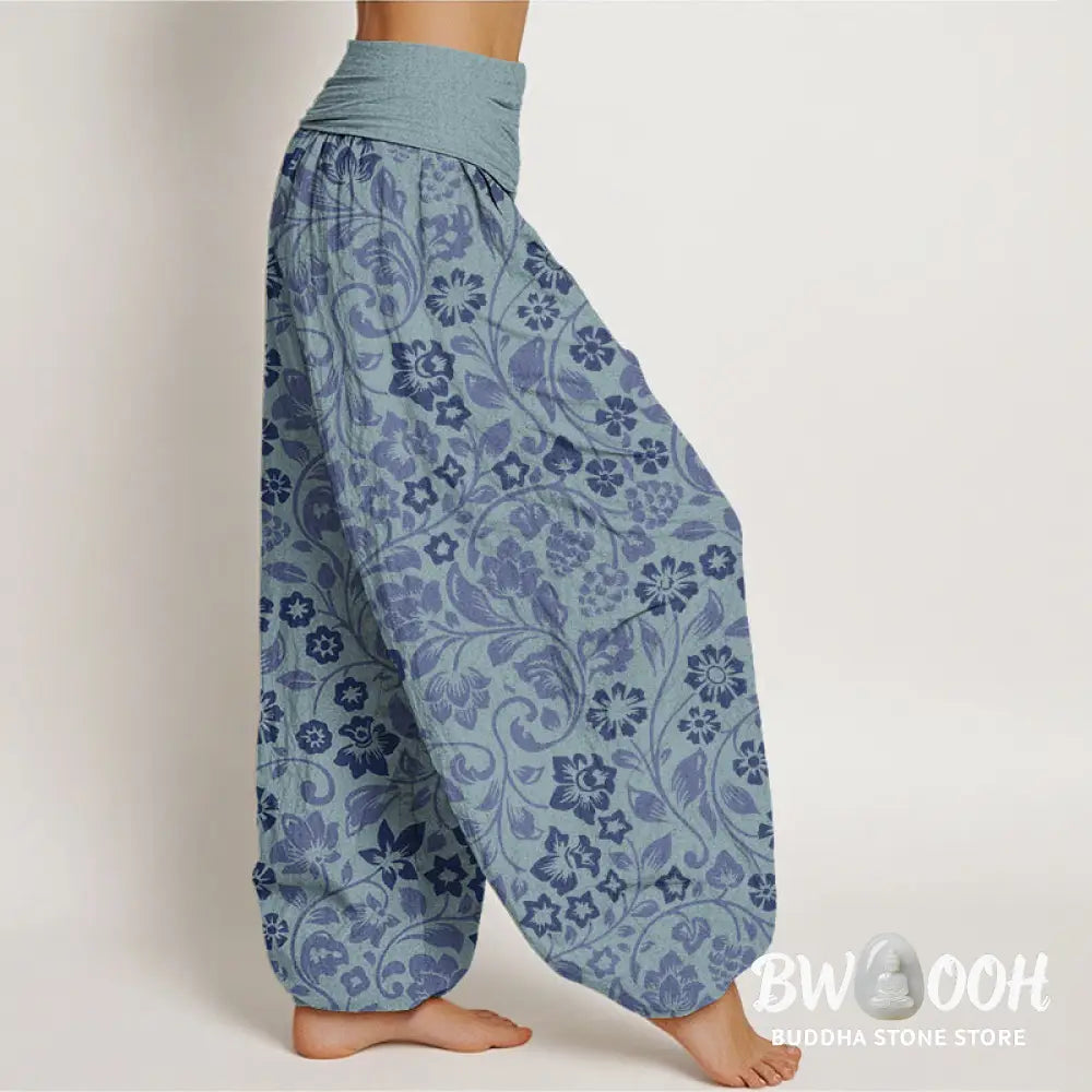Buddha Stones Cotton Small Flowers Intertwining Branches Women’s Elastic Waist Harem Pants - Women’s Harem Pants