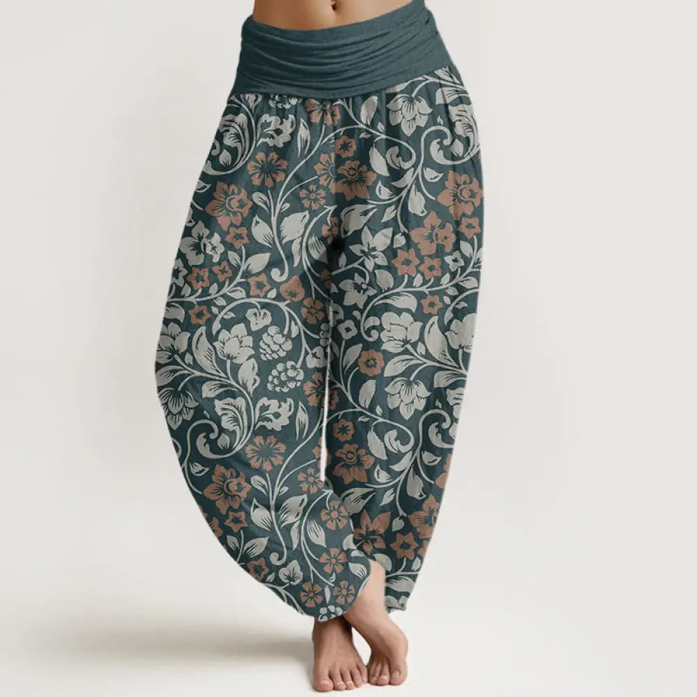 Buddha Stones Cotton Small Flowers Intertwining Branches Women’s Elastic Waist Harem Pants - Teal / US2，UK/AU6，EU34