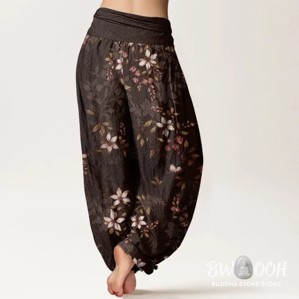 Buddha Stones Cotton Small White Blossoms Green Leaves Women’s Elastic Waist Harem Pants - Women’s Harem Pants