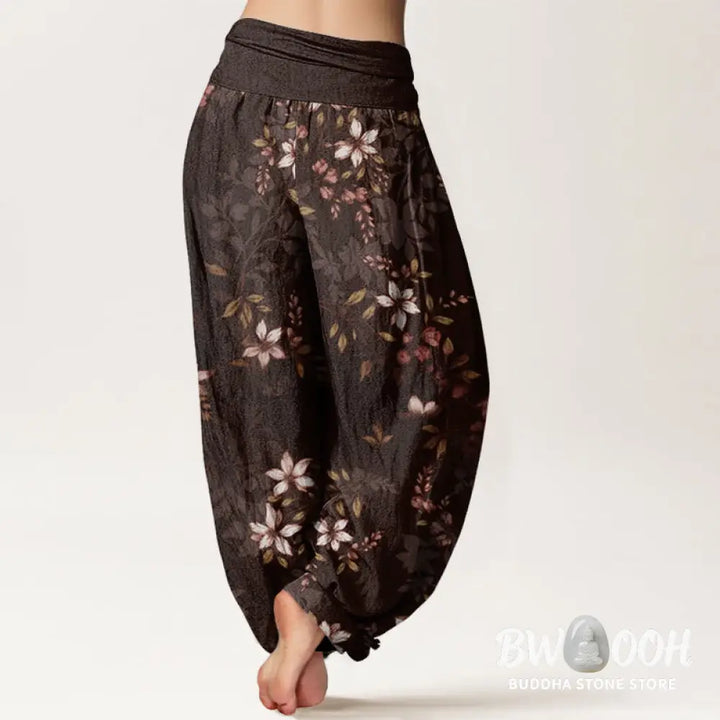 Buddha Stones Cotton Small White Blossoms Green Leaves Women’s Elastic Waist Harem Pants - Women’s Harem Pants