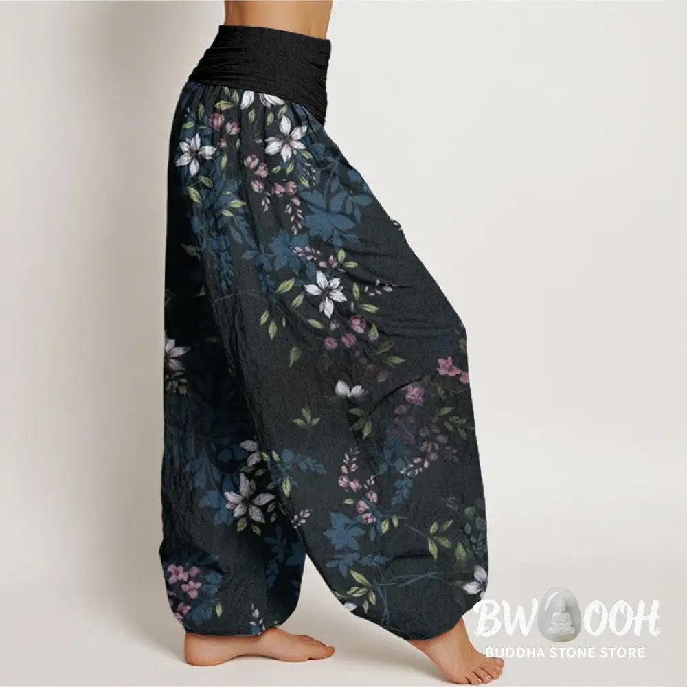 Buddha Stones Cotton Small White Blossoms Green Leaves Women’s Elastic Waist Harem Pants - Women’s Harem Pants