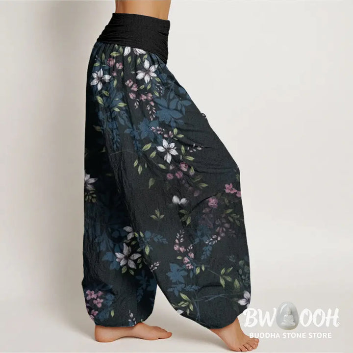 Buddha Stones Cotton Small White Blossoms Green Leaves Women’s Elastic Waist Harem Pants - Women’s Harem Pants