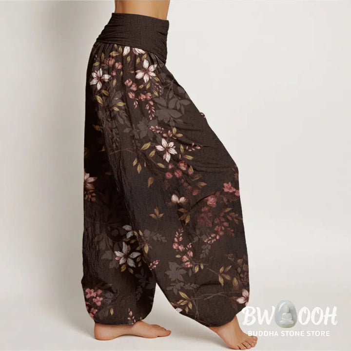 Buddha Stones Cotton Small White Blossoms Green Leaves Women’s Elastic Waist Harem Pants - Women’s Harem Pants