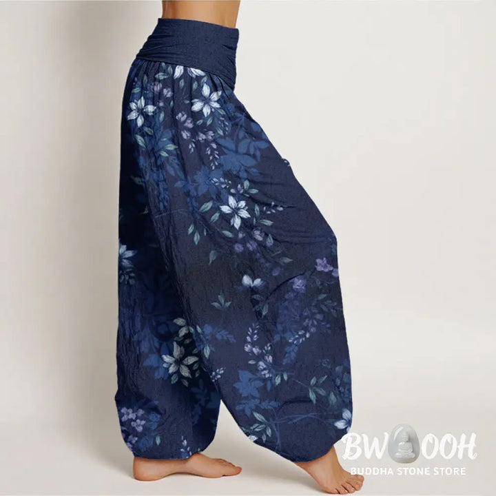Buddha Stones Cotton Small White Blossoms Green Leaves Women’s Elastic Waist Harem Pants - Women’s Harem Pants