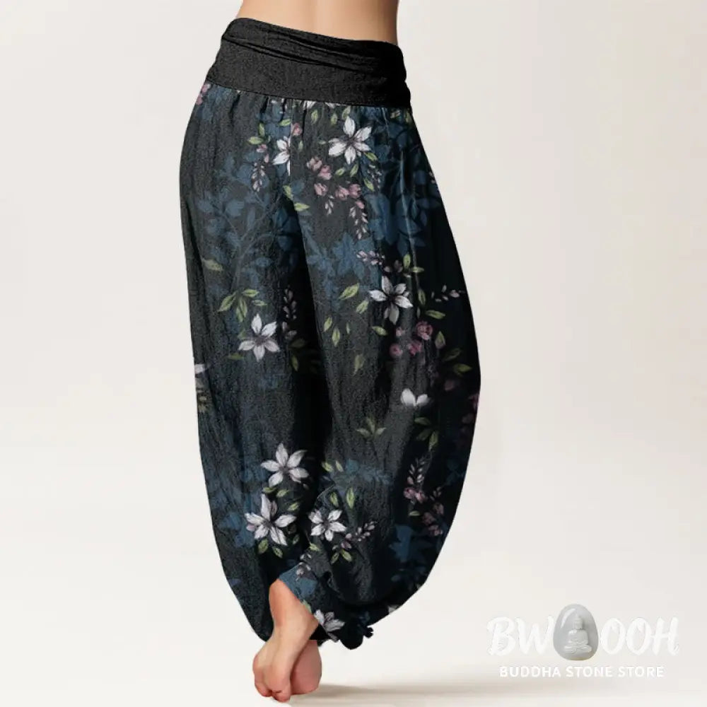 Buddha Stones Cotton Small White Blossoms Green Leaves Women’s Elastic Waist Harem Pants - Women’s Harem Pants