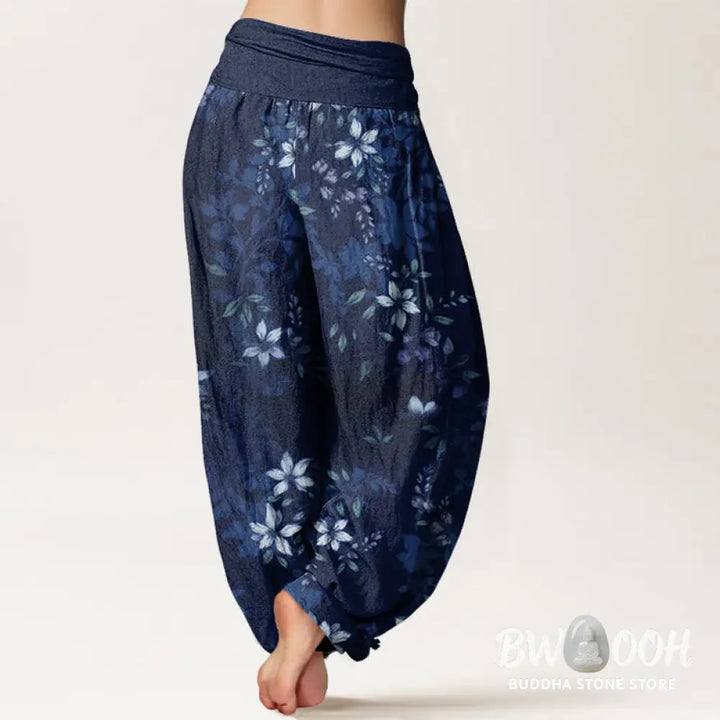 Buddha Stones Cotton Small White Blossoms Green Leaves Women’s Elastic Waist Harem Pants - Women’s Harem Pants