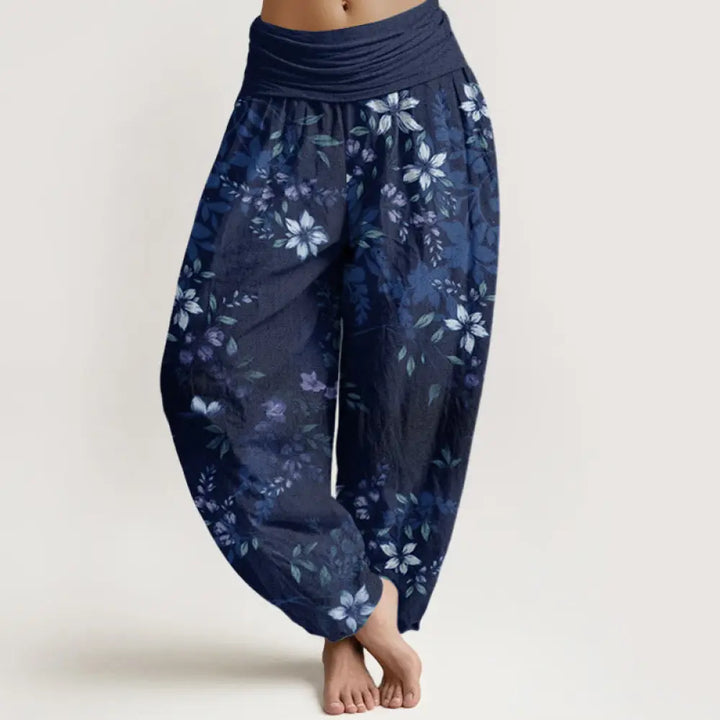 Buddha Stones Cotton Small White Blossoms Green Leaves Women’s Elastic Waist Harem Pants - MidnightBlue
