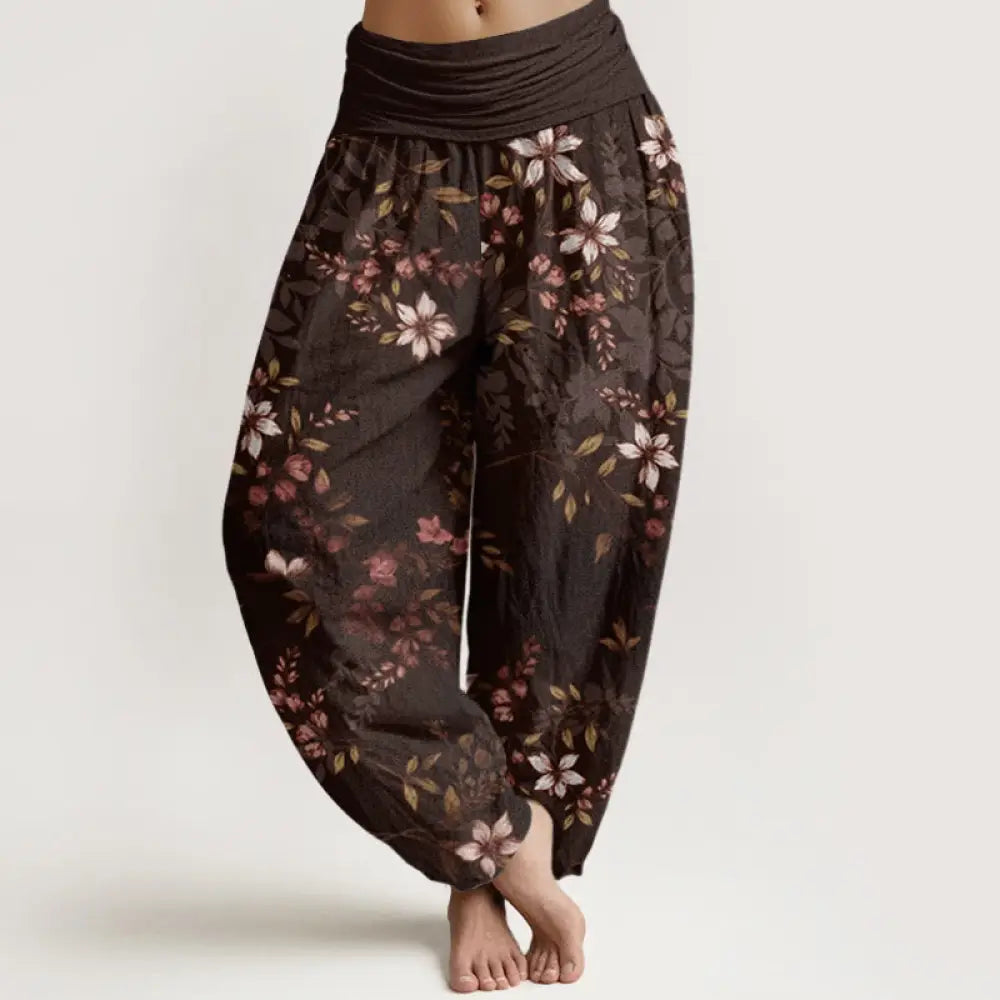 Buddha Stones Cotton Small White Blossoms Green Leaves Women’s Elastic Waist Harem Pants - SaddleBrown
