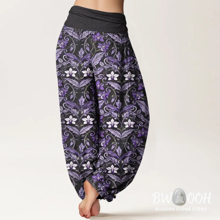 Buddha Stones Cotton Star Shaped Flowers Leaves Pattern Women’s Elastic Waist Harem Pants - Women’s Harem Pants