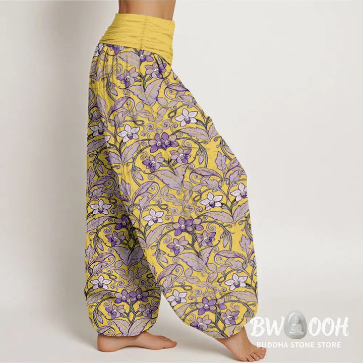 Buddha Stones Cotton Star Shaped Flowers Leaves Pattern Women’s Elastic Waist Harem Pants - Women’s Harem Pants