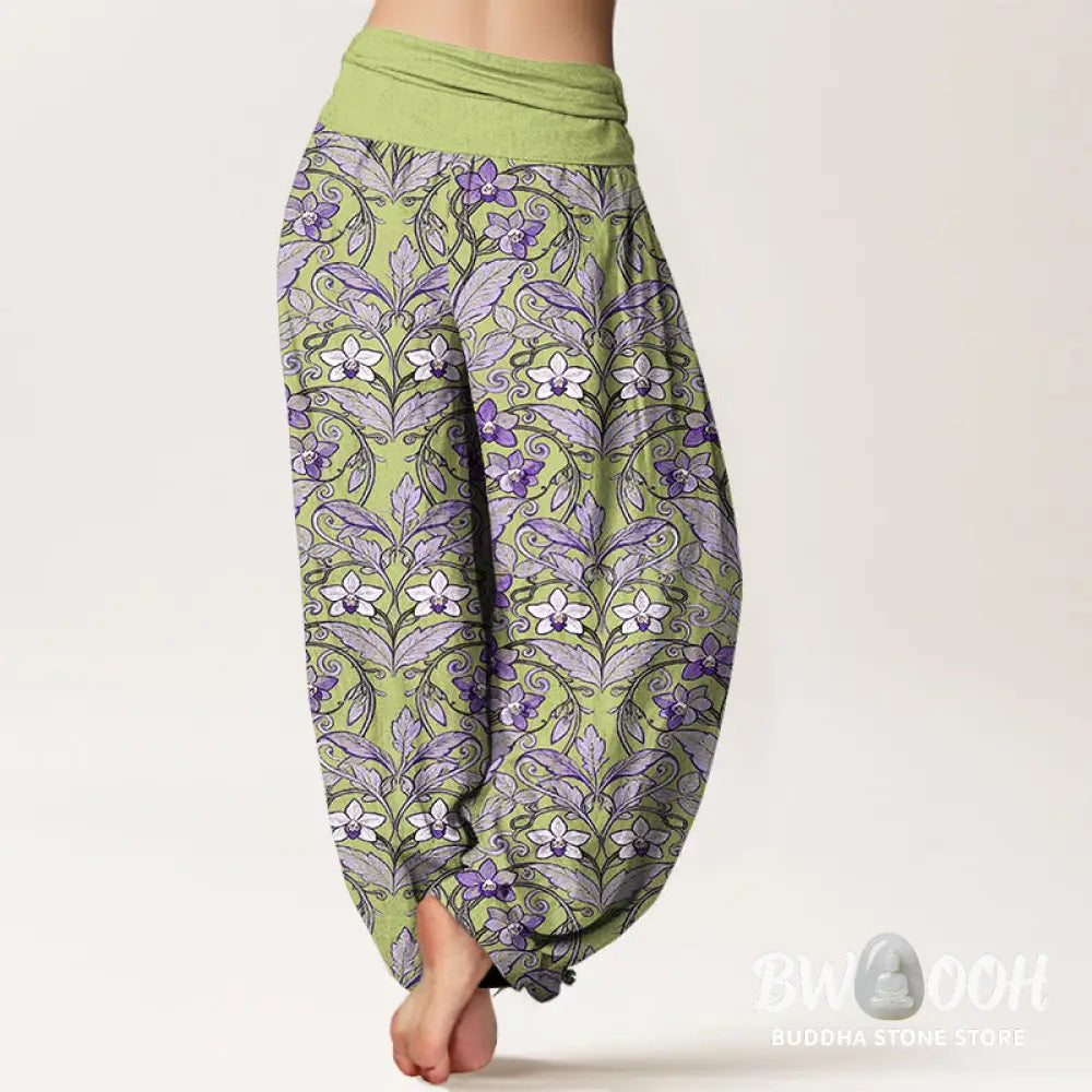 Buddha Stones Cotton Star Shaped Flowers Leaves Pattern Women’s Elastic Waist Harem Pants - Women’s Harem Pants