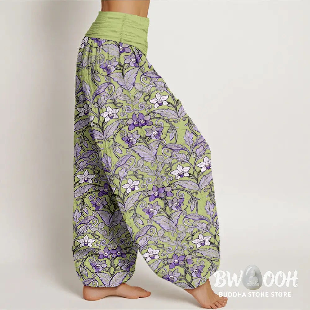 Buddha Stones Cotton Star Shaped Flowers Leaves Pattern Women’s Elastic Waist Harem Pants - Women’s Harem Pants