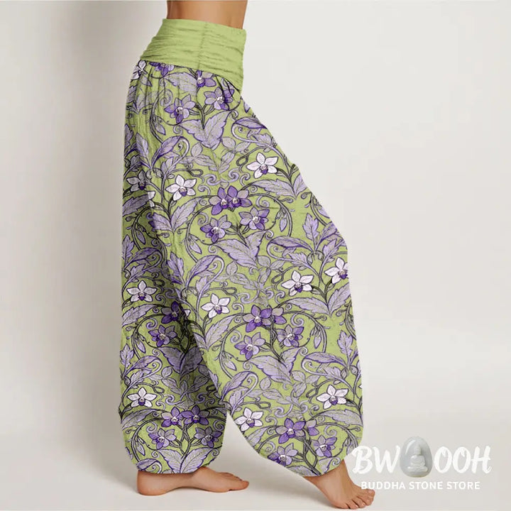 Buddha Stones Cotton Star Shaped Flowers Leaves Pattern Women’s Elastic Waist Harem Pants - Women’s Harem Pants