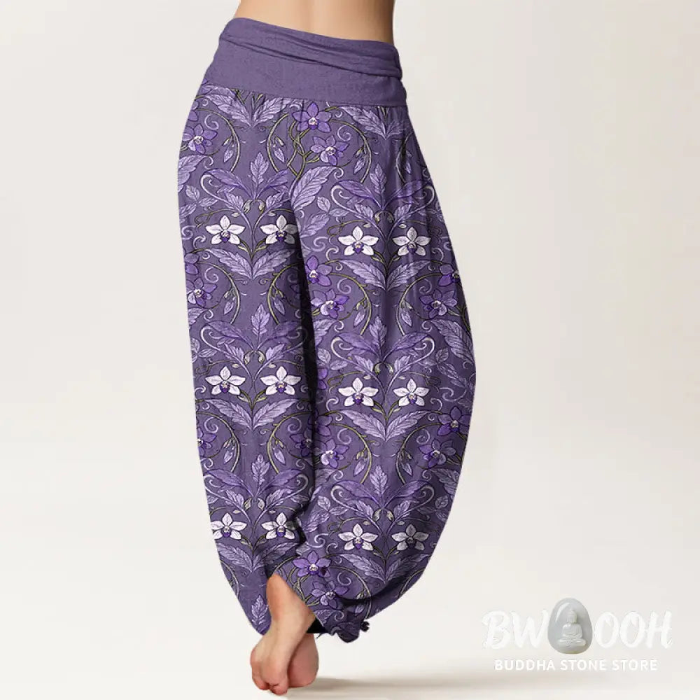 Buddha Stones Cotton Star Shaped Flowers Leaves Pattern Women’s Elastic Waist Harem Pants - Women’s Harem Pants