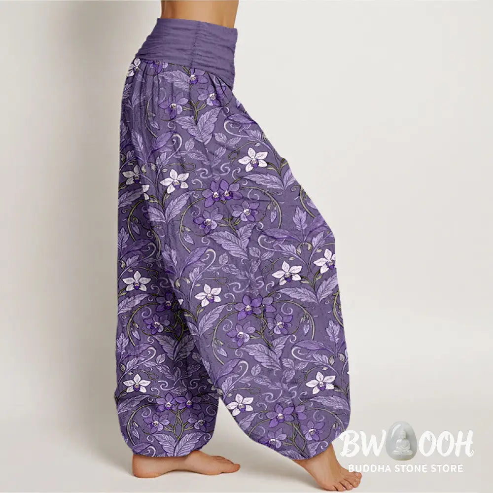 Buddha Stones Cotton Star Shaped Flowers Leaves Pattern Women’s Elastic Waist Harem Pants - Women’s Harem Pants