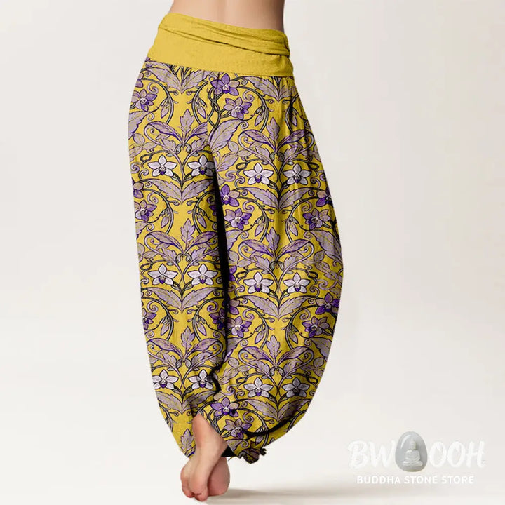 Buddha Stones Cotton Star Shaped Flowers Leaves Pattern Women’s Elastic Waist Harem Pants - Women’s Harem Pants
