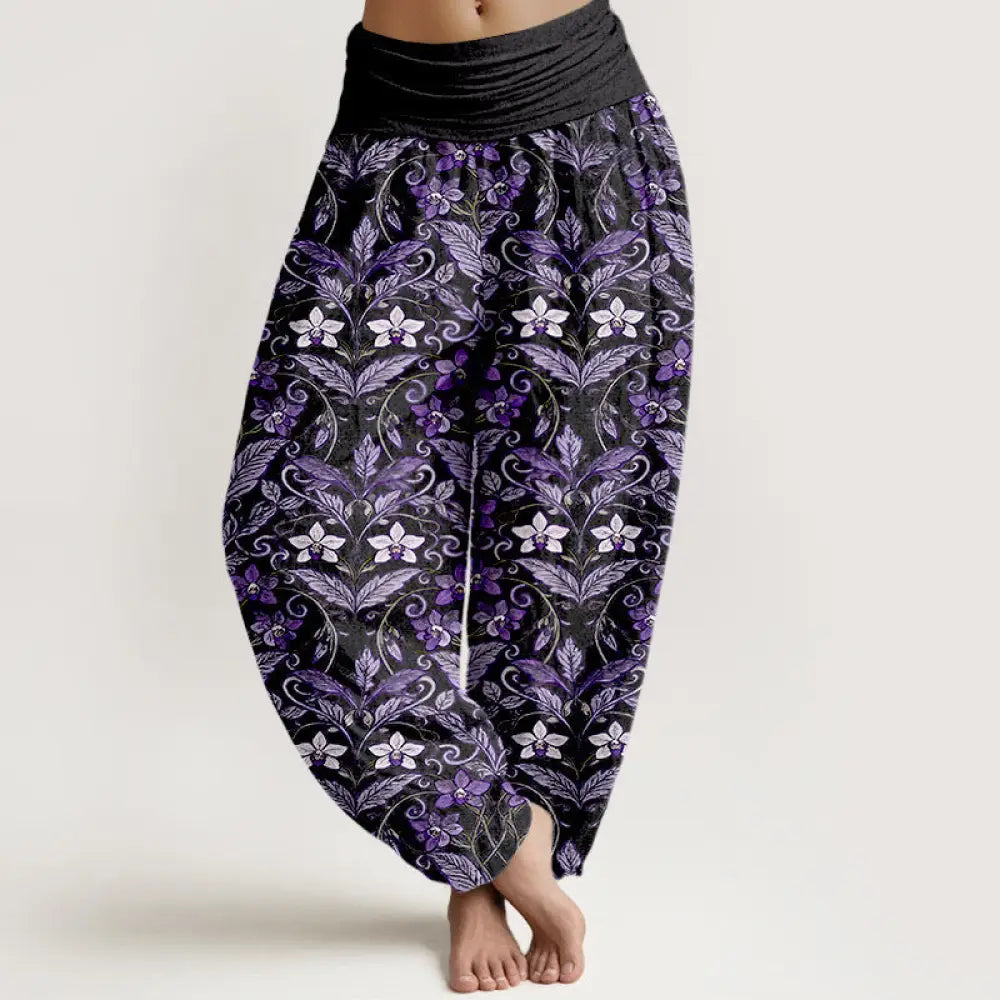 Buddha Stones Cotton Star Shaped Flowers Leaves Pattern Women’s Elastic Waist Harem Pants - Black / US2，UK/AU6，EU34