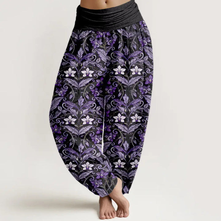Buddha Stones Cotton Star Shaped Flowers Leaves Pattern Women’s Elastic Waist Harem Pants - Black / US2，UK/AU6，EU34