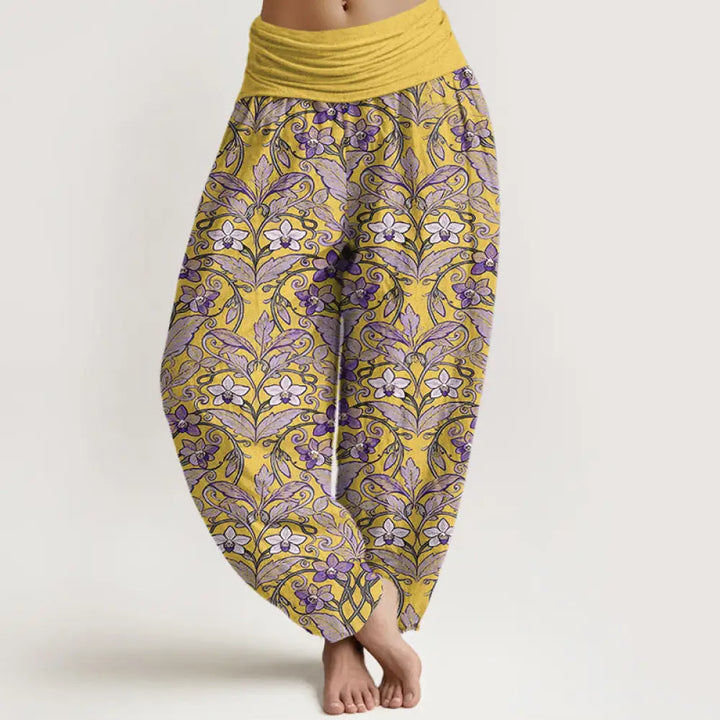 Buddha Stones Cotton Star Shaped Flowers Leaves Pattern Women’s Elastic Waist Harem Pants - Goldenrod / US2，UK/AU6，EU34
