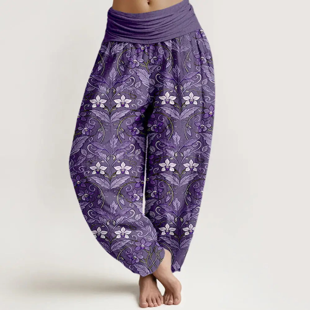 Buddha Stones Cotton Star Shaped Flowers Leaves Pattern Women’s Elastic Waist Harem Pants - MediumPurple