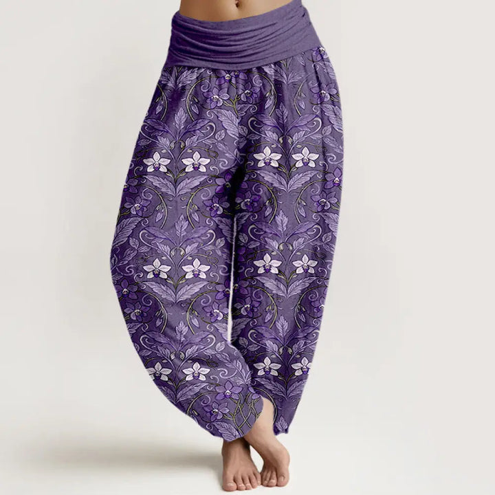 Buddha Stones Cotton Star Shaped Flowers Leaves Pattern Women’s Elastic Waist Harem Pants - MediumPurple