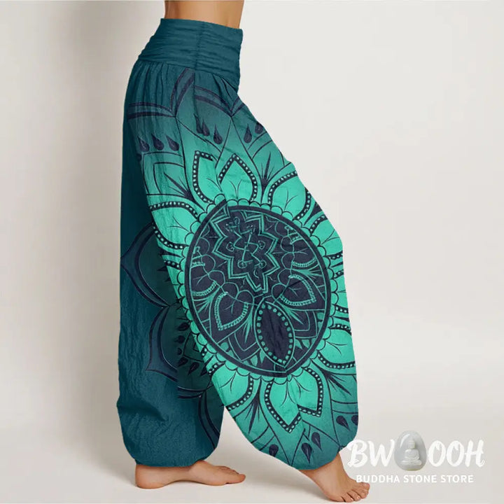 Buddha Stones Cotton Symmetrical Mandala Pattern Women’s Elastic Waist Harem Pants - Women’s Harem Pants