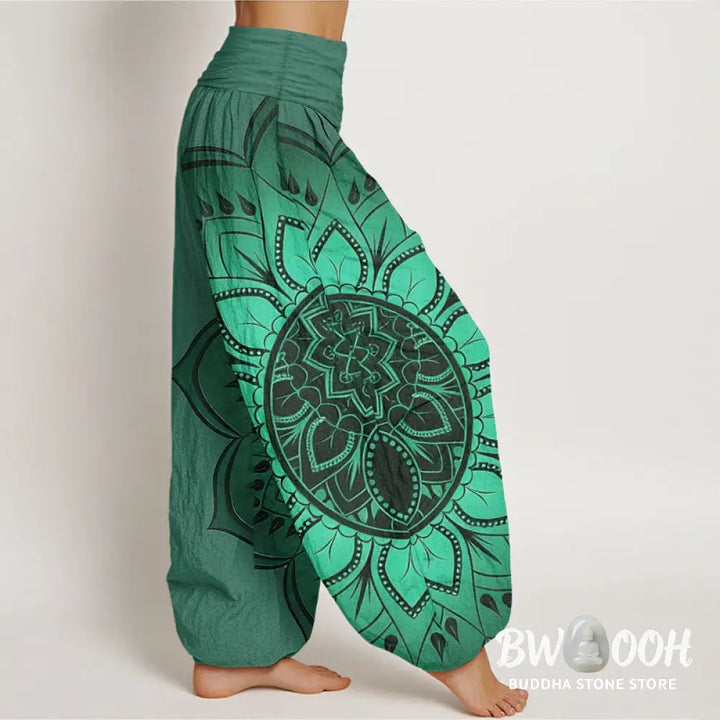 Buddha Stones Cotton Symmetrical Mandala Pattern Women’s Elastic Waist Harem Pants - Women’s Harem Pants