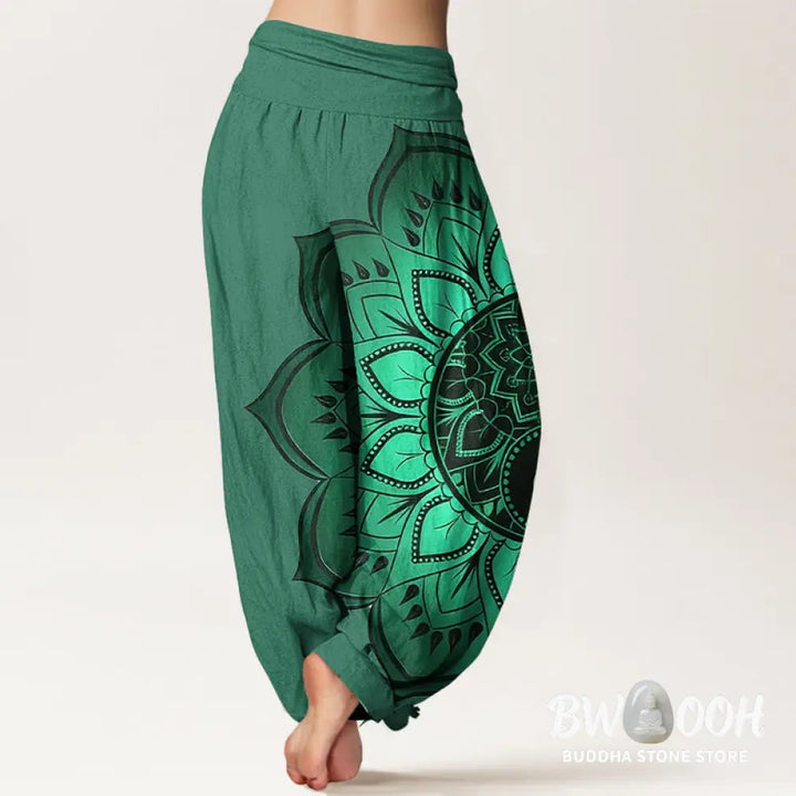 Buddha Stones Cotton Symmetrical Mandala Pattern Women’s Elastic Waist Harem Pants - Women’s Harem Pants