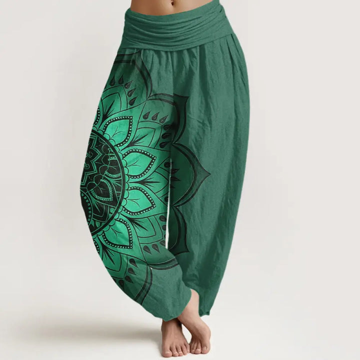 Buddha Stones Cotton Symmetrical Mandala Pattern Women’s Elastic Waist Harem Pants - SeaGreen / US2，UK/AU6，EU34 (XS)