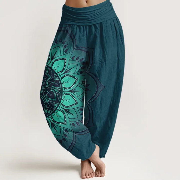 Buddha Stones Cotton Symmetrical Mandala Pattern Women’s Elastic Waist Harem Pants - Teal / US2，UK/AU6，EU34 (XS)