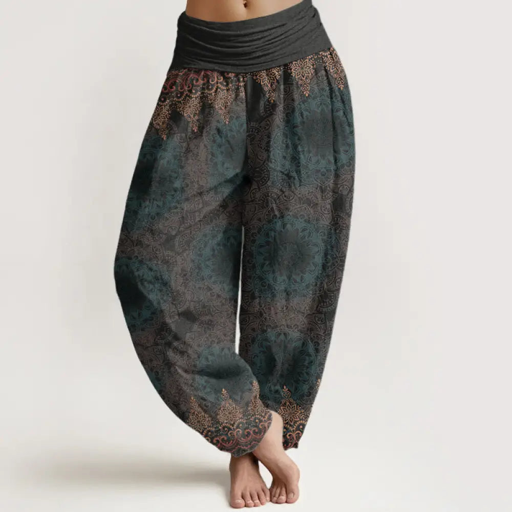 Buddha Stones Cotton Triangular Mandala Patterns Women’s Elastic Waist Harem Pants - DimGray / US2，UK/AU6，EU34 (XS)