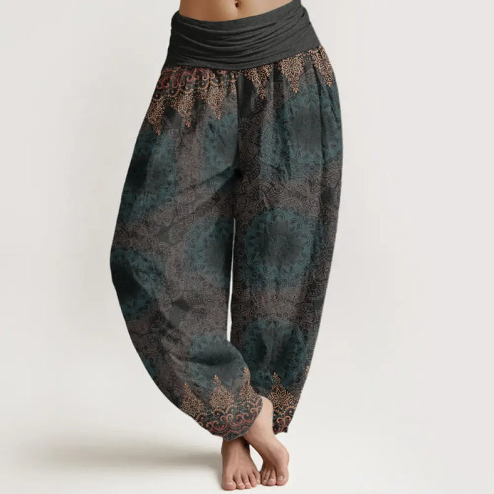 Buddha Stones Cotton Triangular Mandala Patterns Women’s Elastic Waist Harem Pants - DimGray / US2，UK/AU6，EU34 (XS)