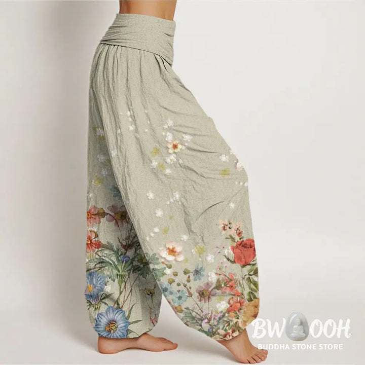Buddha Stones Cotton Various Flowers Pattern Women’s Elastic Waist Harem Pants - Women’s Harem Pants