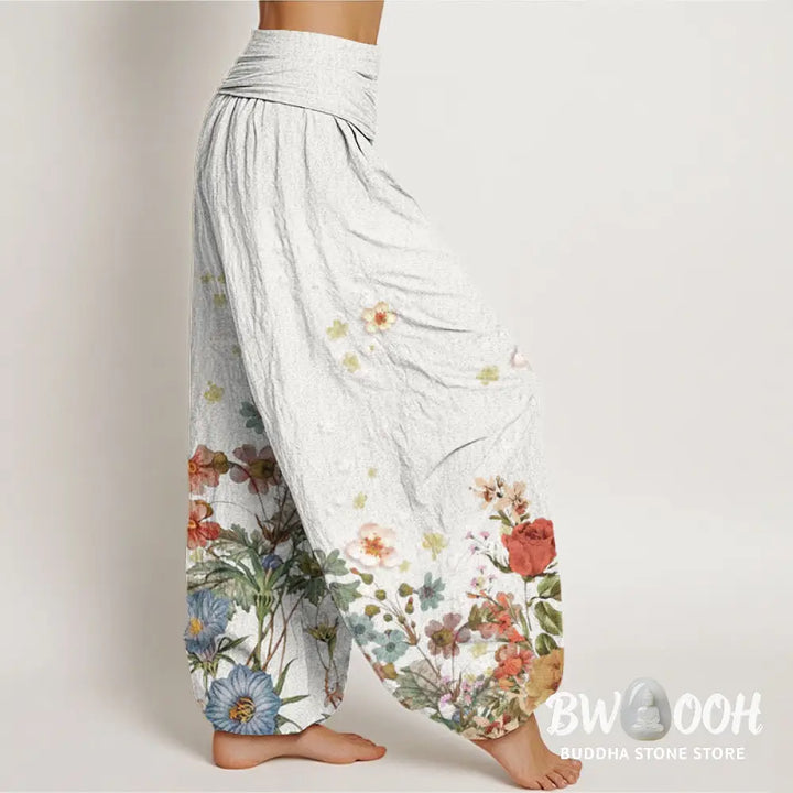 Buddha Stones Cotton Various Flowers Pattern Women’s Elastic Waist Harem Pants - Women’s Harem Pants
