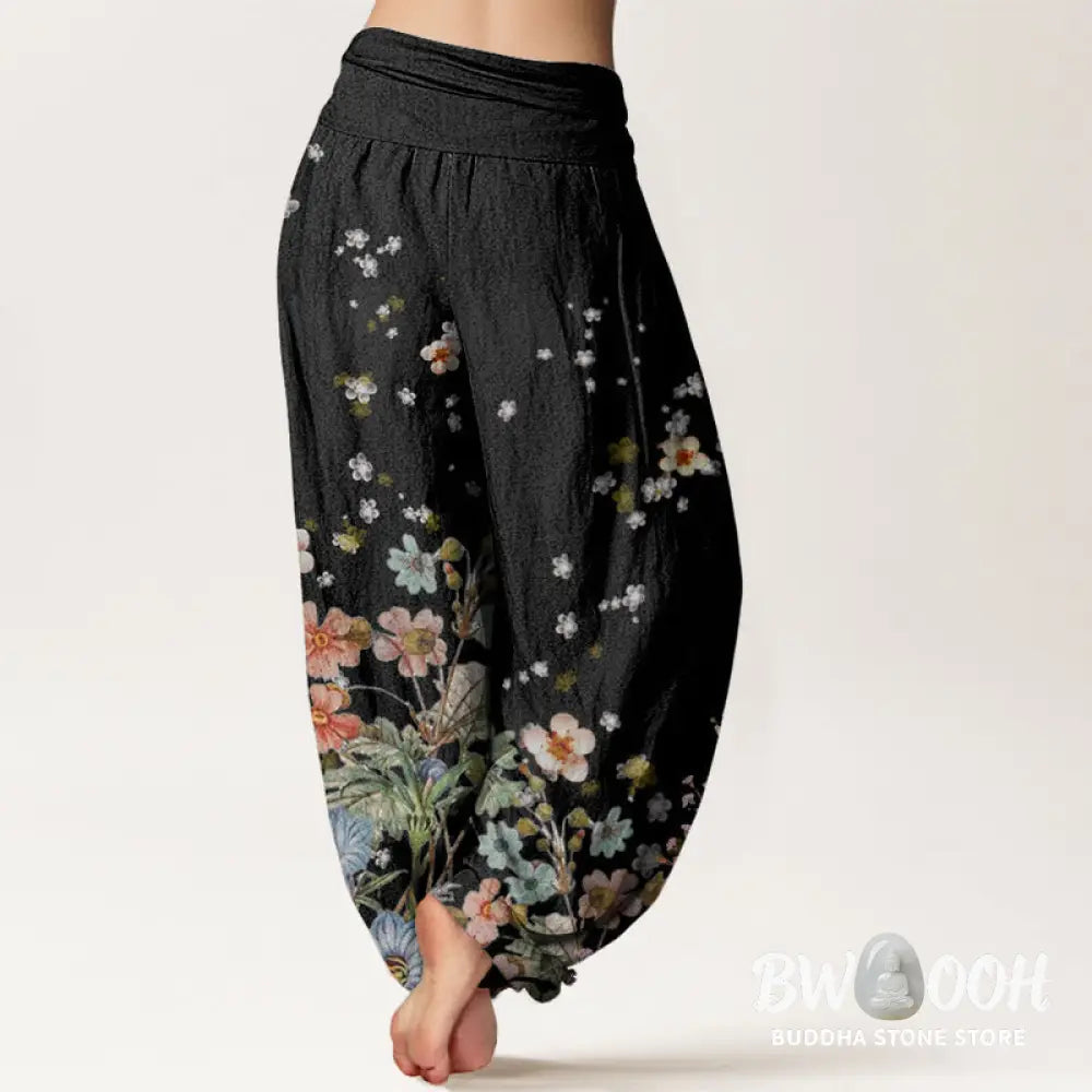 Buddha Stones Cotton Various Flowers Pattern Women’s Elastic Waist Harem Pants - Women’s Harem Pants