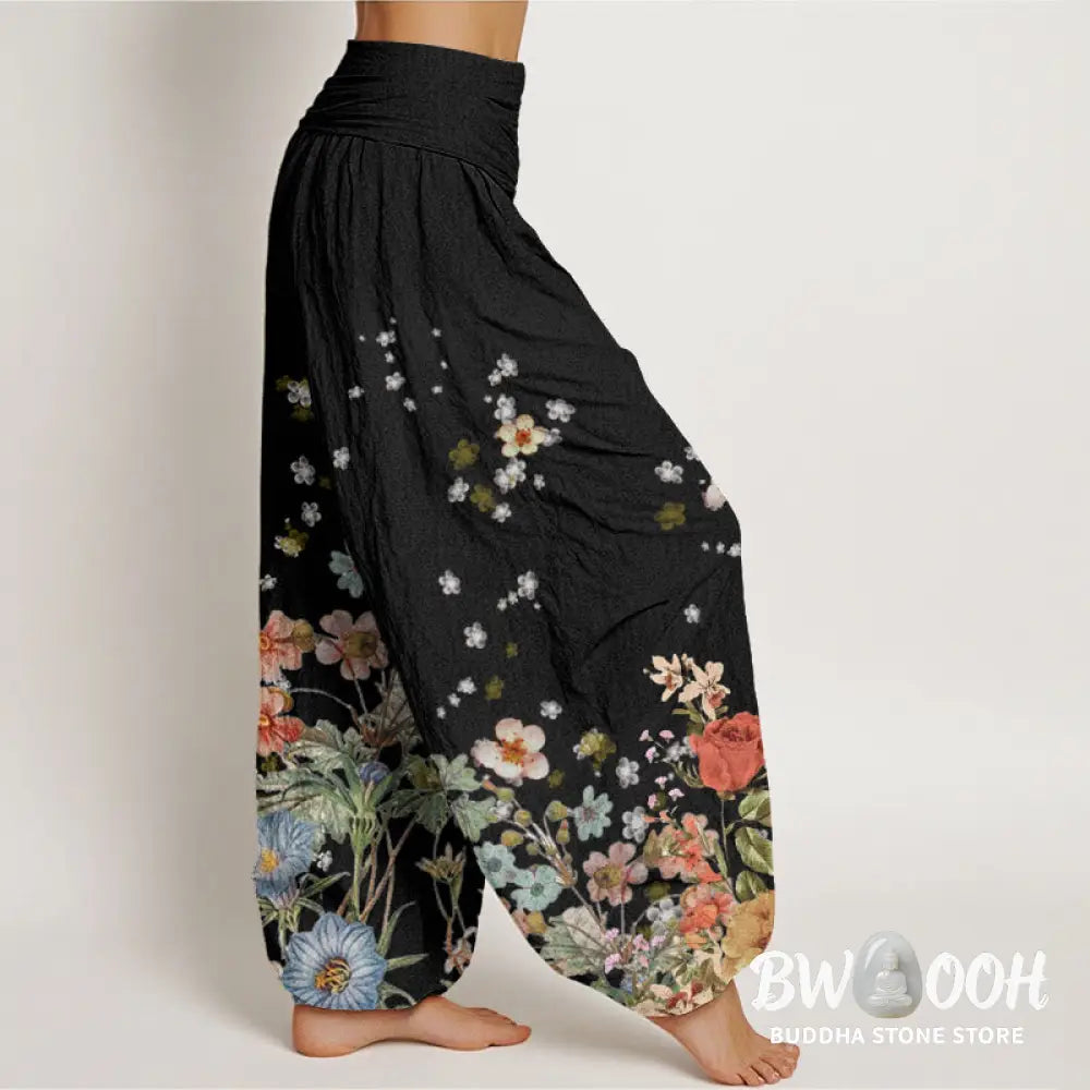 Buddha Stones Cotton Various Flowers Pattern Women’s Elastic Waist Harem Pants - Women’s Harem Pants