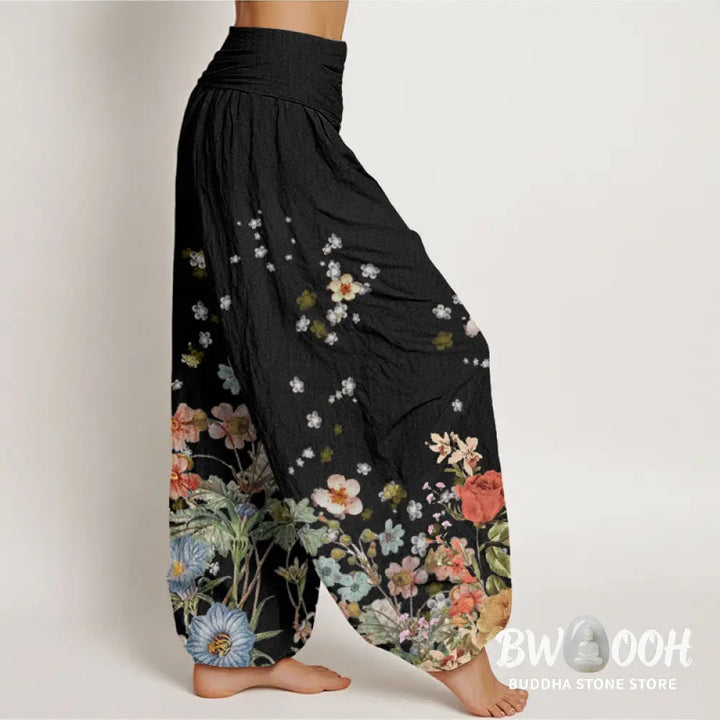 Buddha Stones Cotton Various Flowers Pattern Women’s Elastic Waist Harem Pants - Women’s Harem Pants